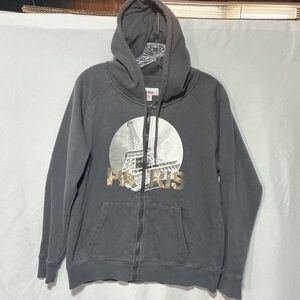 Bongo Womens Gray Zip-Up Hoodie with Paris Eiffel Graphic Sz L